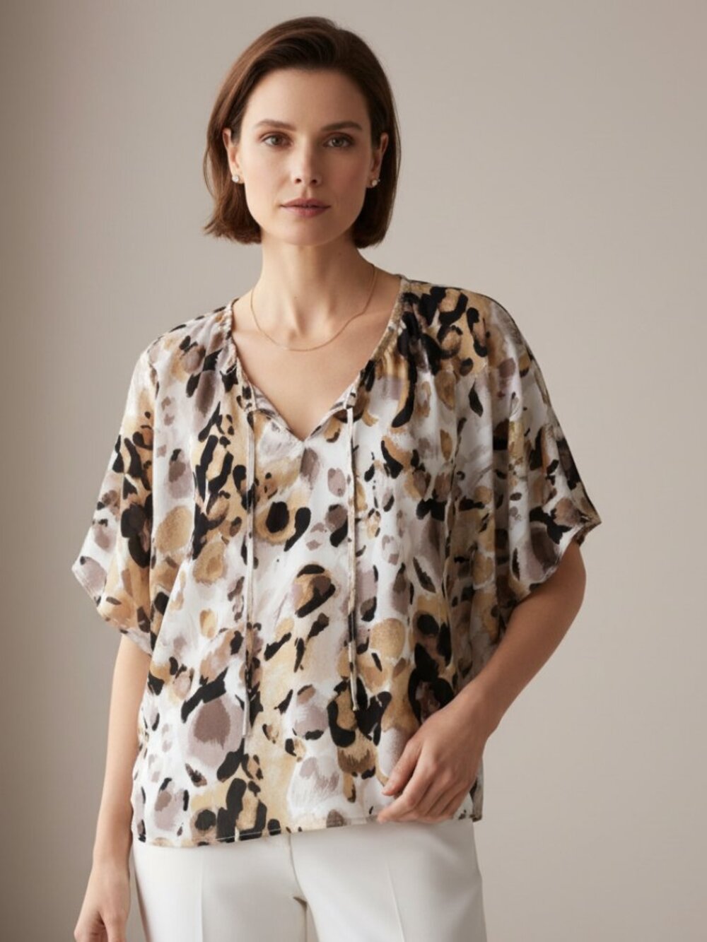 Loft S Women's Beige Brown Animal Print Keyhole Tie Neck Top SS Boho Chic Indie